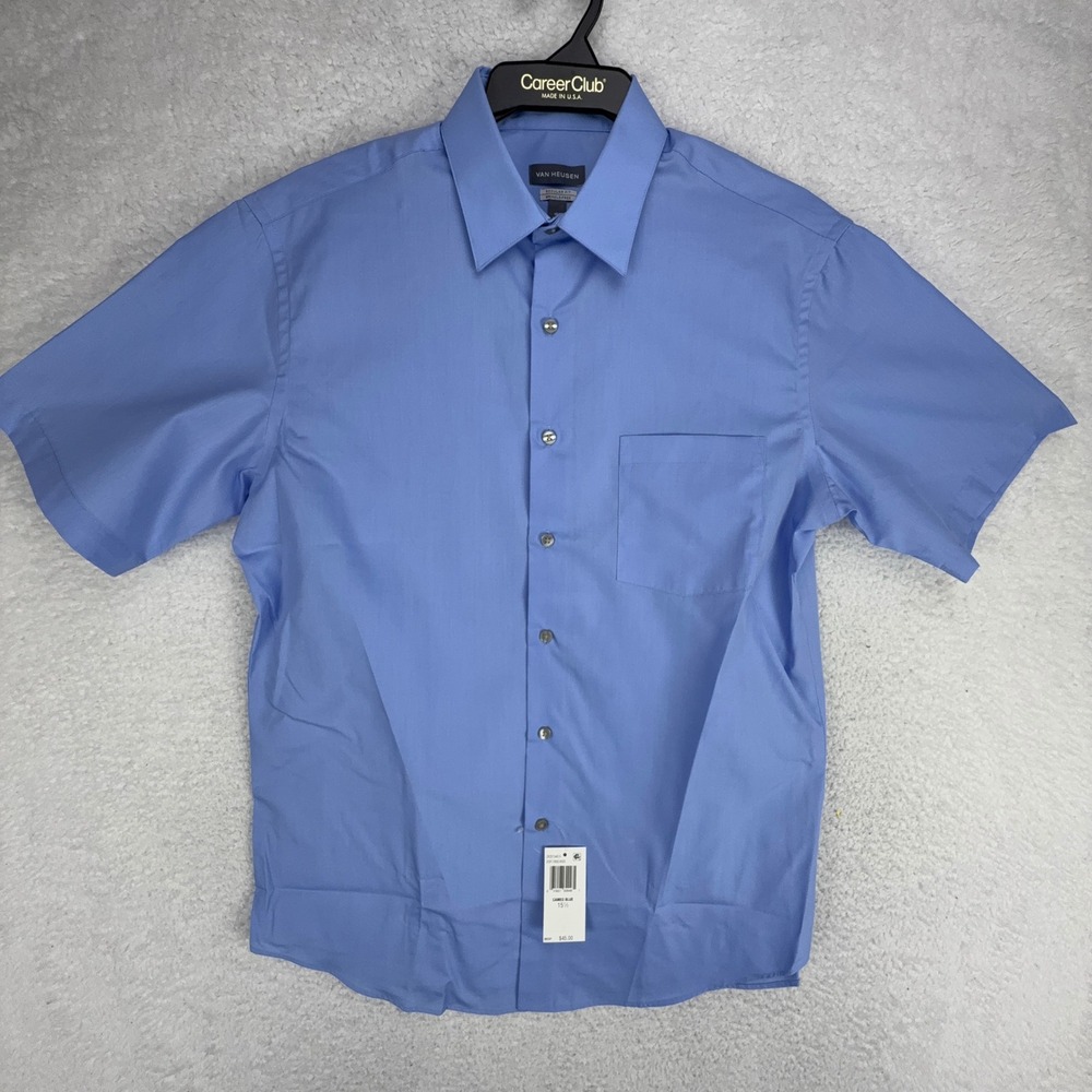 Van Heusen Men Regular Fit Wrinkle Free Short Sleeve Dress Shirt Blue 15.5 32/33